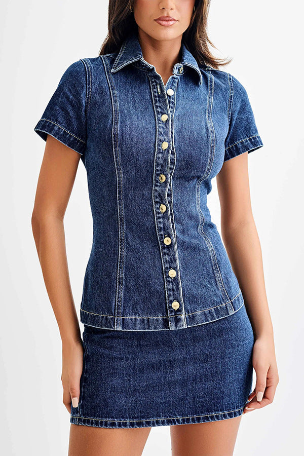 Damen Jeanskleid mit knöpfbarem Kragen und eng anliegendem Rock WW