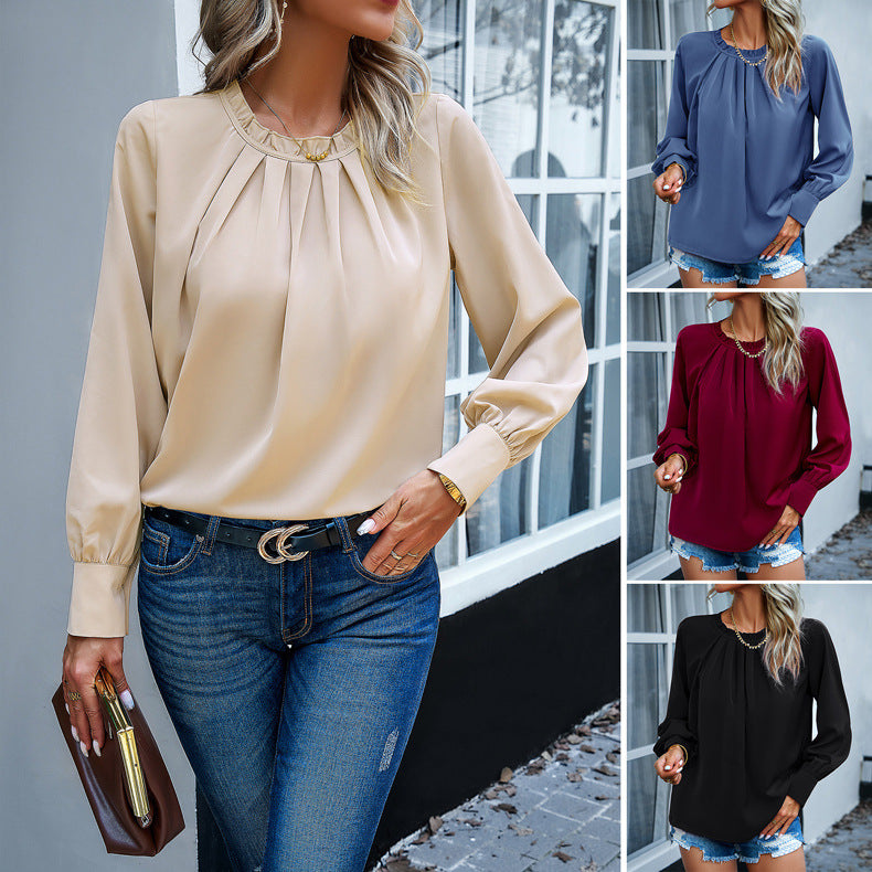 Damen Bluse mit eleganten Falten und dekorativem Rundhalsausschnitt WW