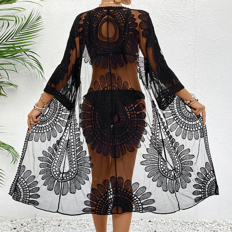 Damen Schicker Häkel-Strandüberwurf mit voluminösen Ärmel und elegantem Design WW