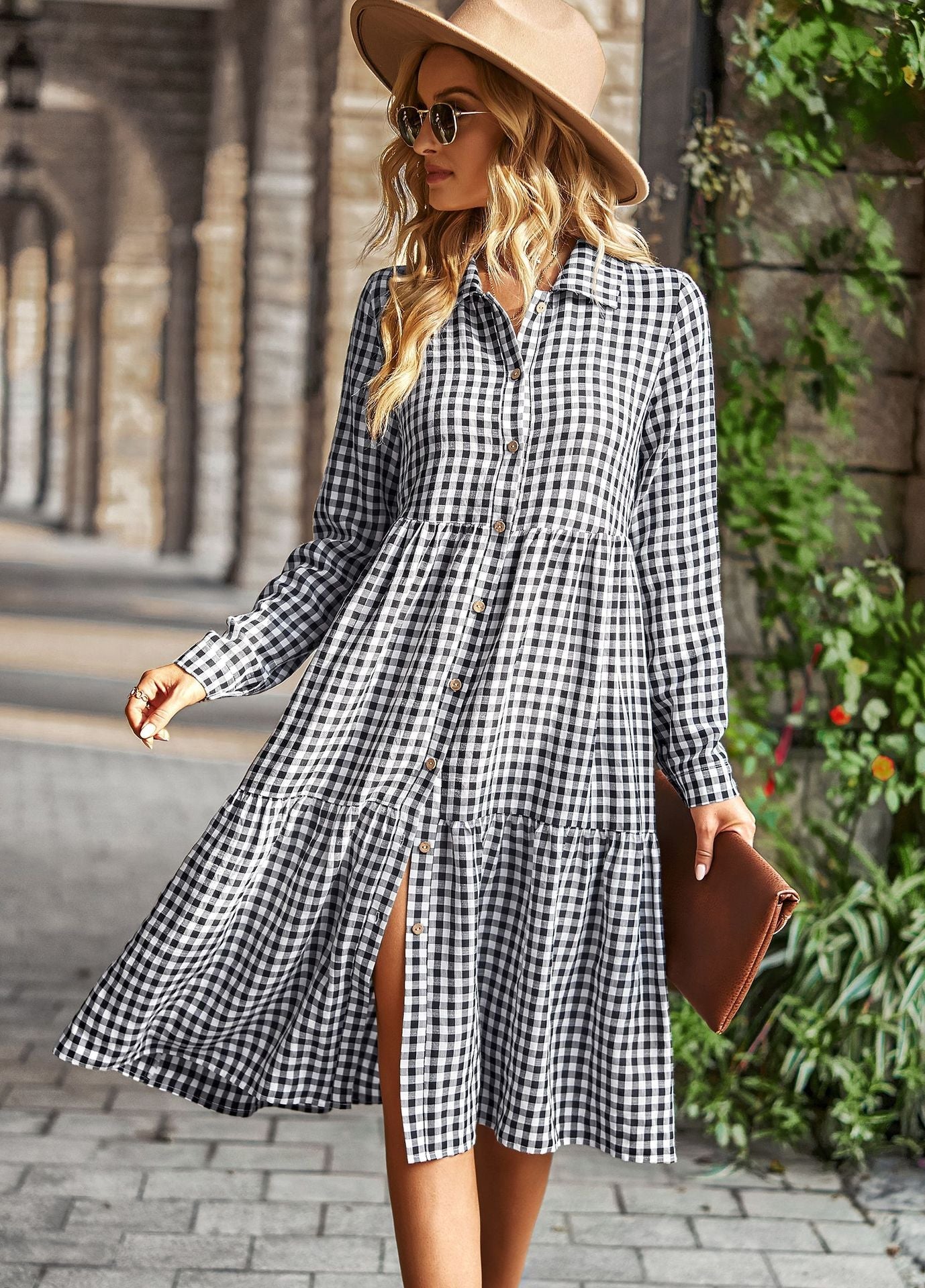 Damen karierte Midi-Bluse mit Knopfleiste und ausgestelltem Rock WW