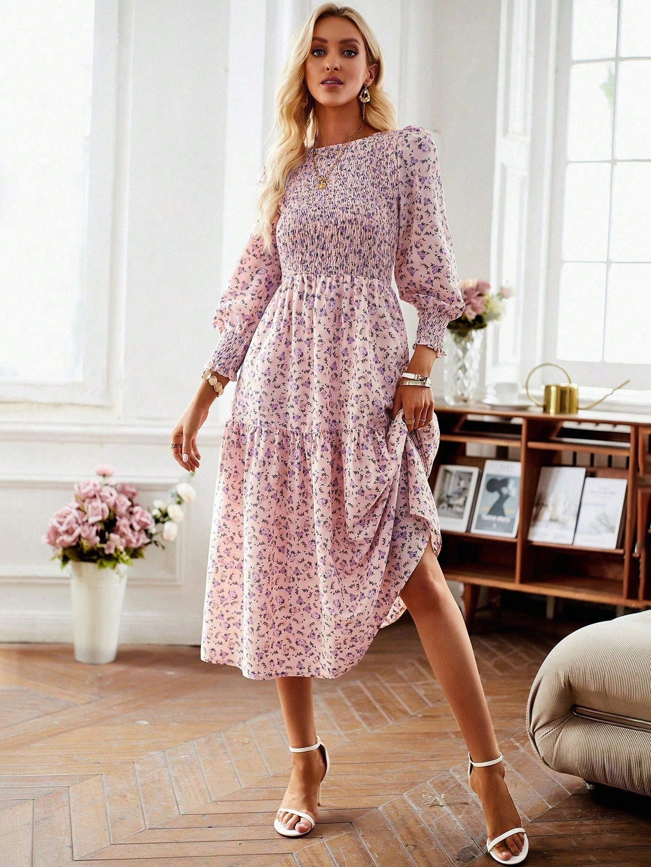 Damen florales Midi-Kleid mit geraffter Taille und langen Ärmeln WW