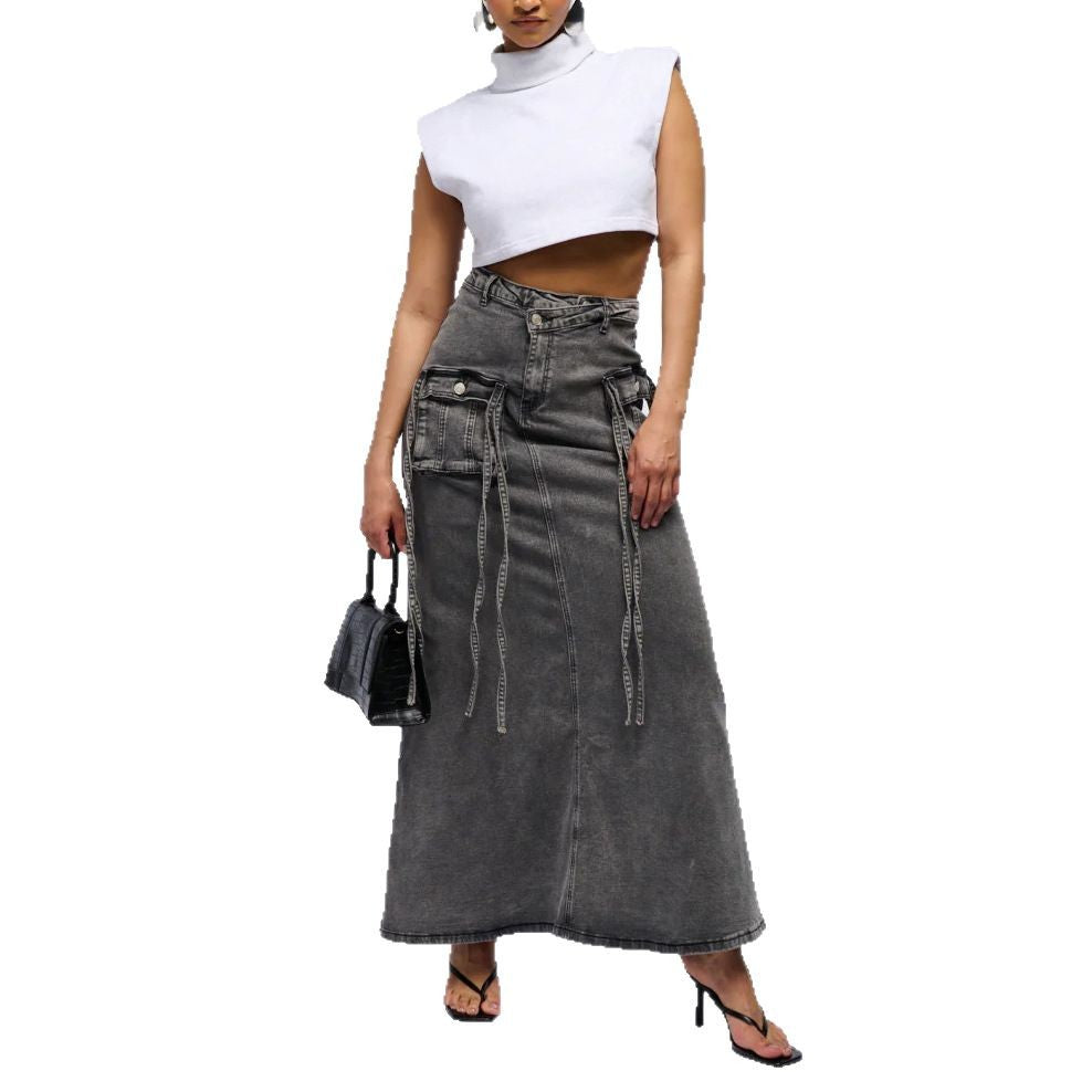 Women's Long Denim Skirt with High Waist and Practical Pockets WW