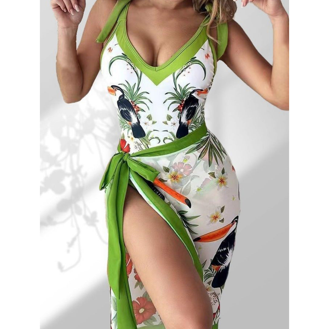 Damen Pareo mit botanischem Muster und stilvollem Bindegürtel WW