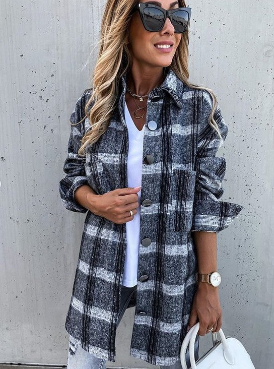 WW | Oversized Fit Wool Look Plaid Mid Length Casual Style
