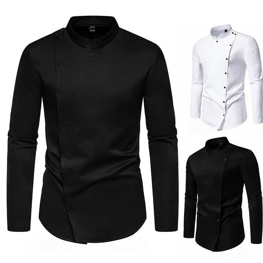 Men's fashionable shirt with asymmetrical button design and elegant stand-up collar WW