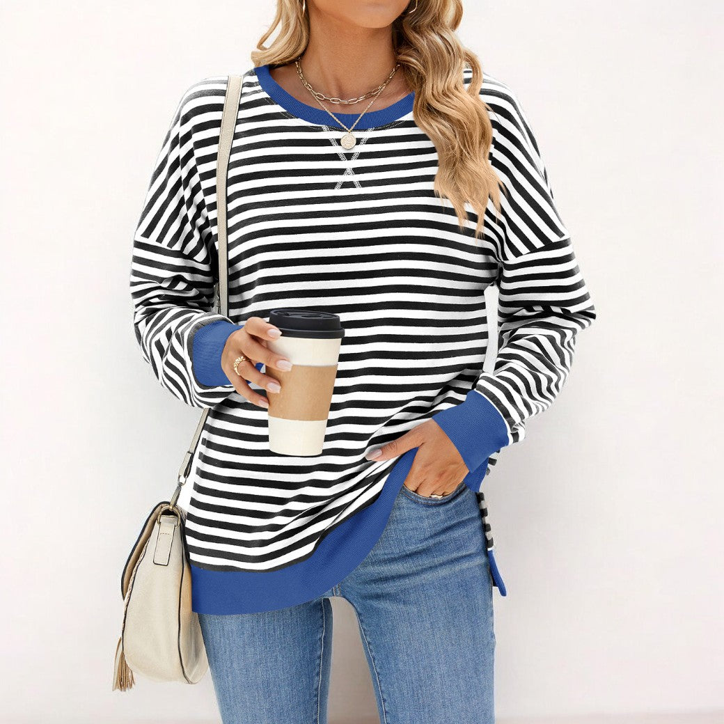 WW | Locker T-Shirt mit Streifen und langen Ärmeln Lässiger Pullover für Frauen