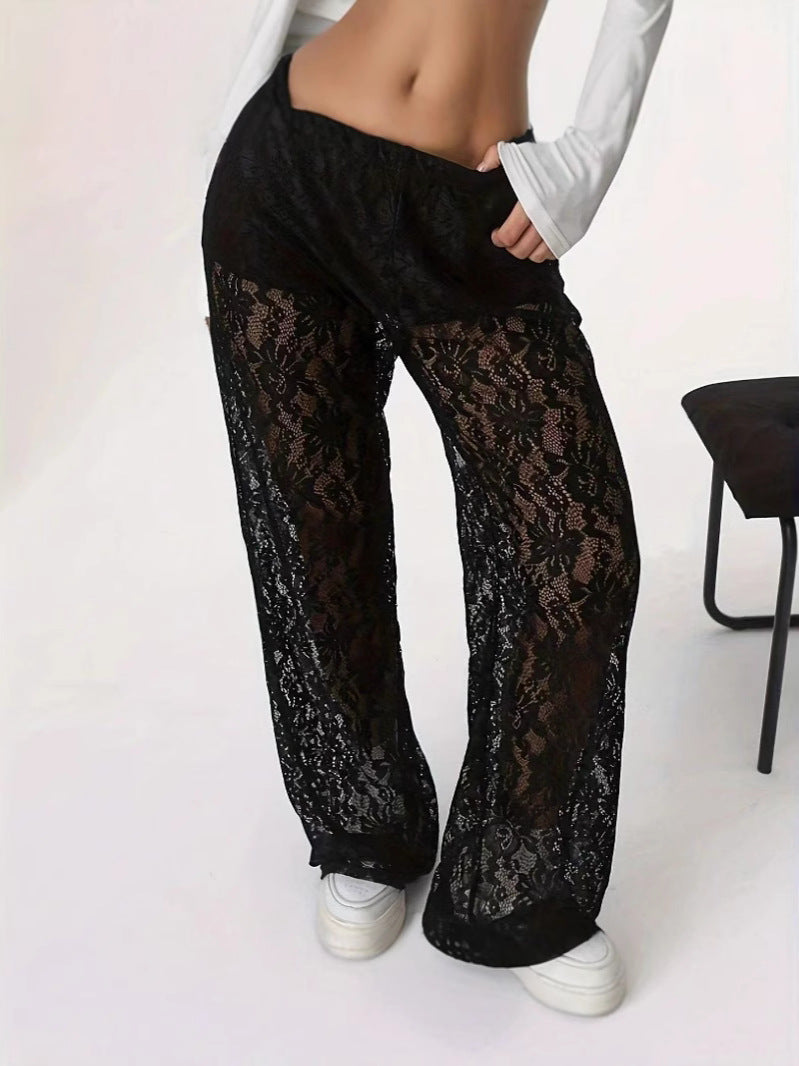 Damen elegante Spitzenhose mit weitem Schnitt und elastischem Bund WW