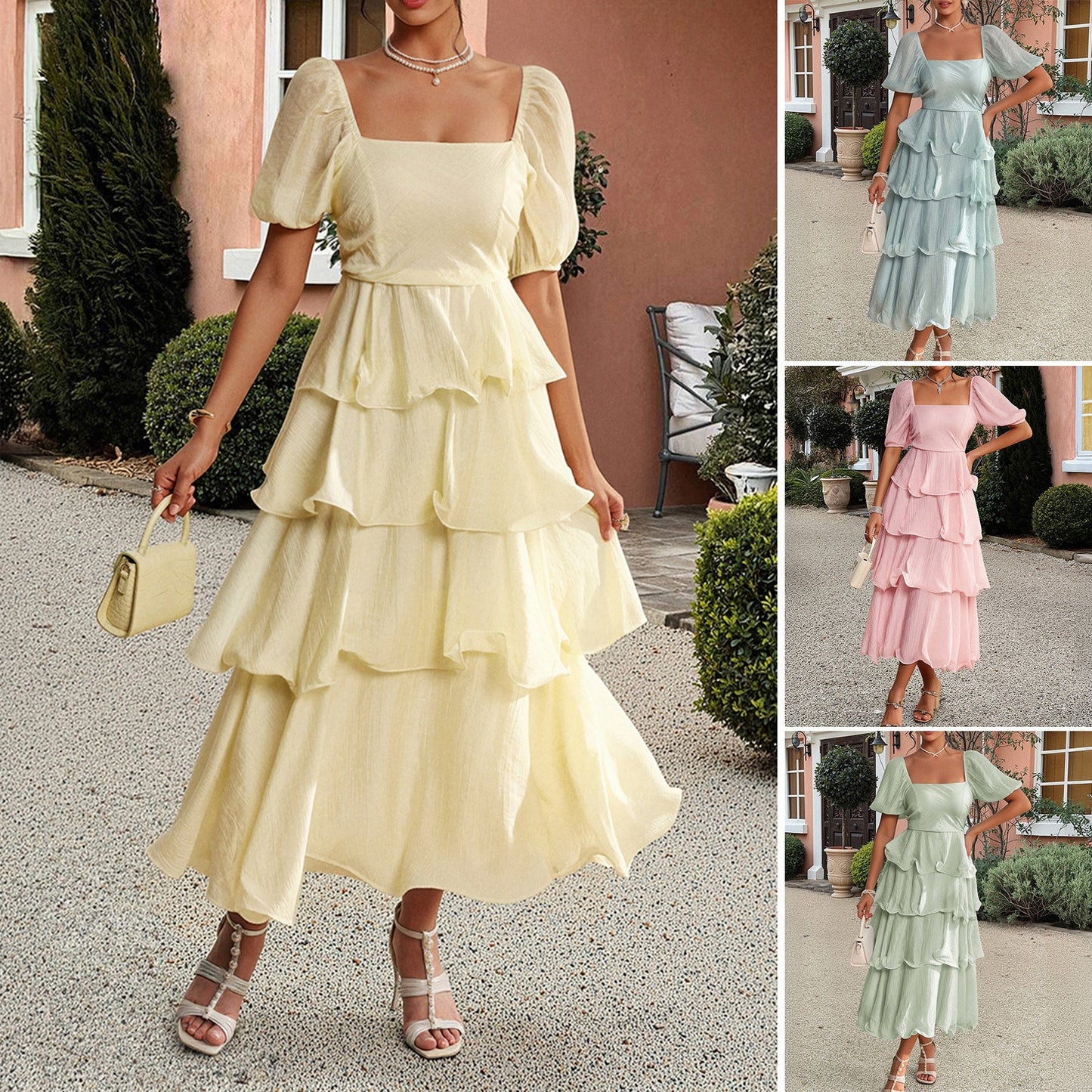 Damen Sommerliches Maxikleid mit kreisförmigem Ausschnitt und Rüschendetails WW