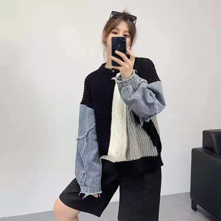 WW | Patchwork-Pullover mit Denim-Ärmeln