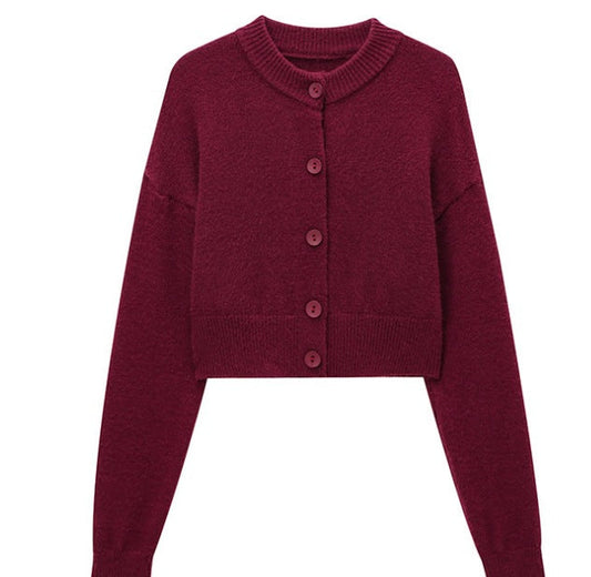 Damen kurze Strickjacke mit Knopfleiste und elegantem Rundhalsausschnitt WW