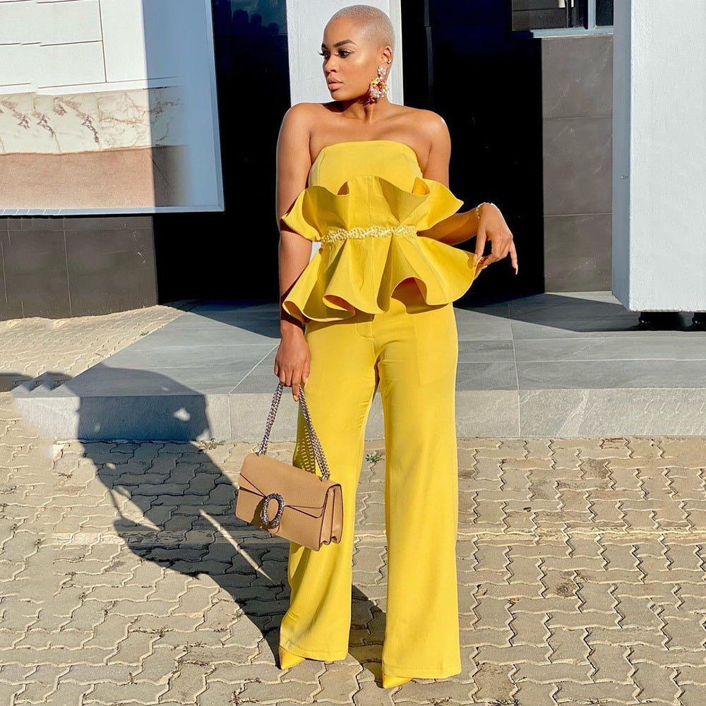 Women's jumpsuit with voluminous ruffle design and off-the-shoulder top WW