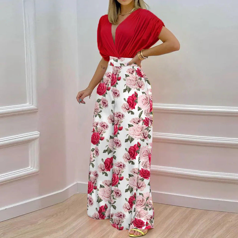 Women's Jumpsuit with Deep V-Neck and Wide Leg WW