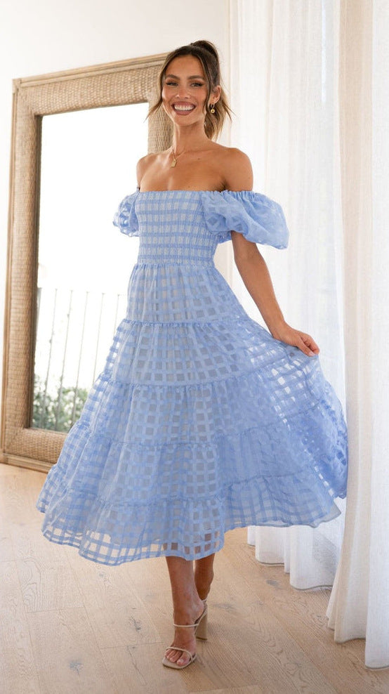 WW | Damenkleid mit Einem Hals Lanternenärmel Lagennähte Kleid
