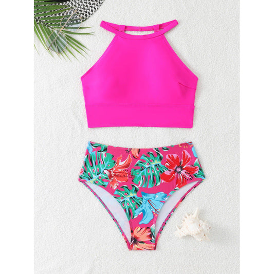 High-neck swimsuit top with high-cut floral briefs WW