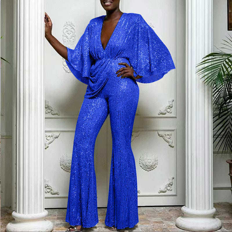 WW | Sequin Deep V Backless Long Jumpsuit