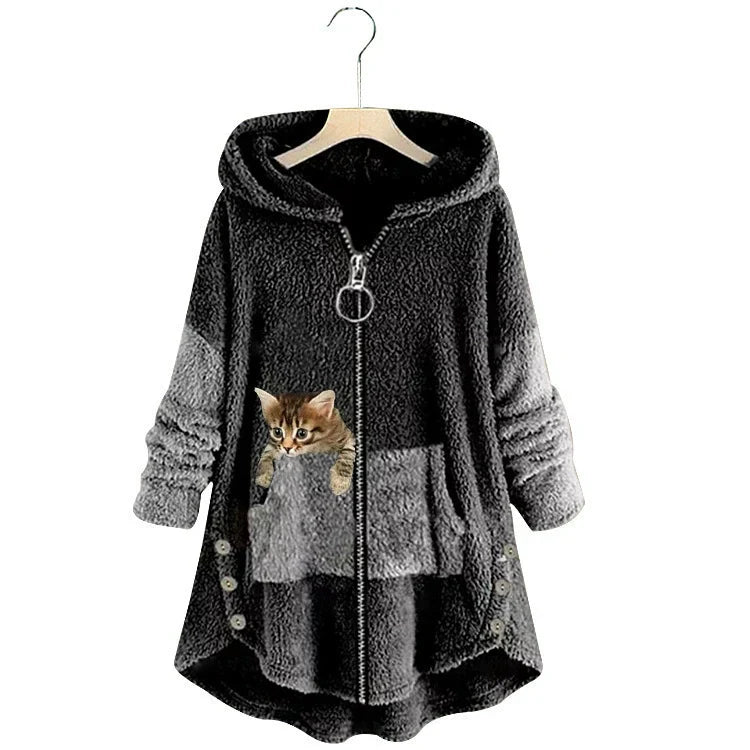 WW | Lange Jacke Übergroß Schnitt Weicher Fleece Look Kängurutasche High Low Saum