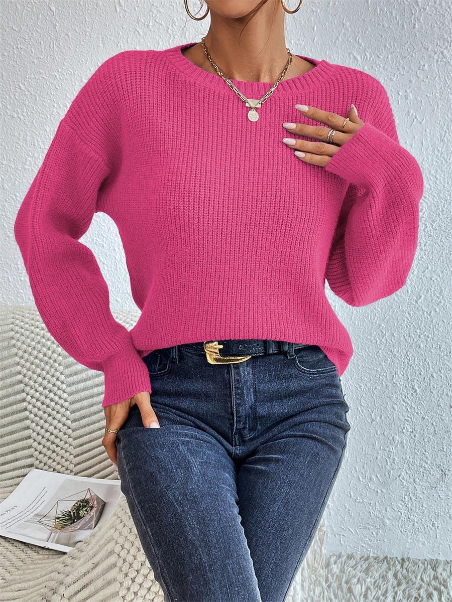 Women's Casual Loose Fit Knit Sweater with Elegant Rib Details WW