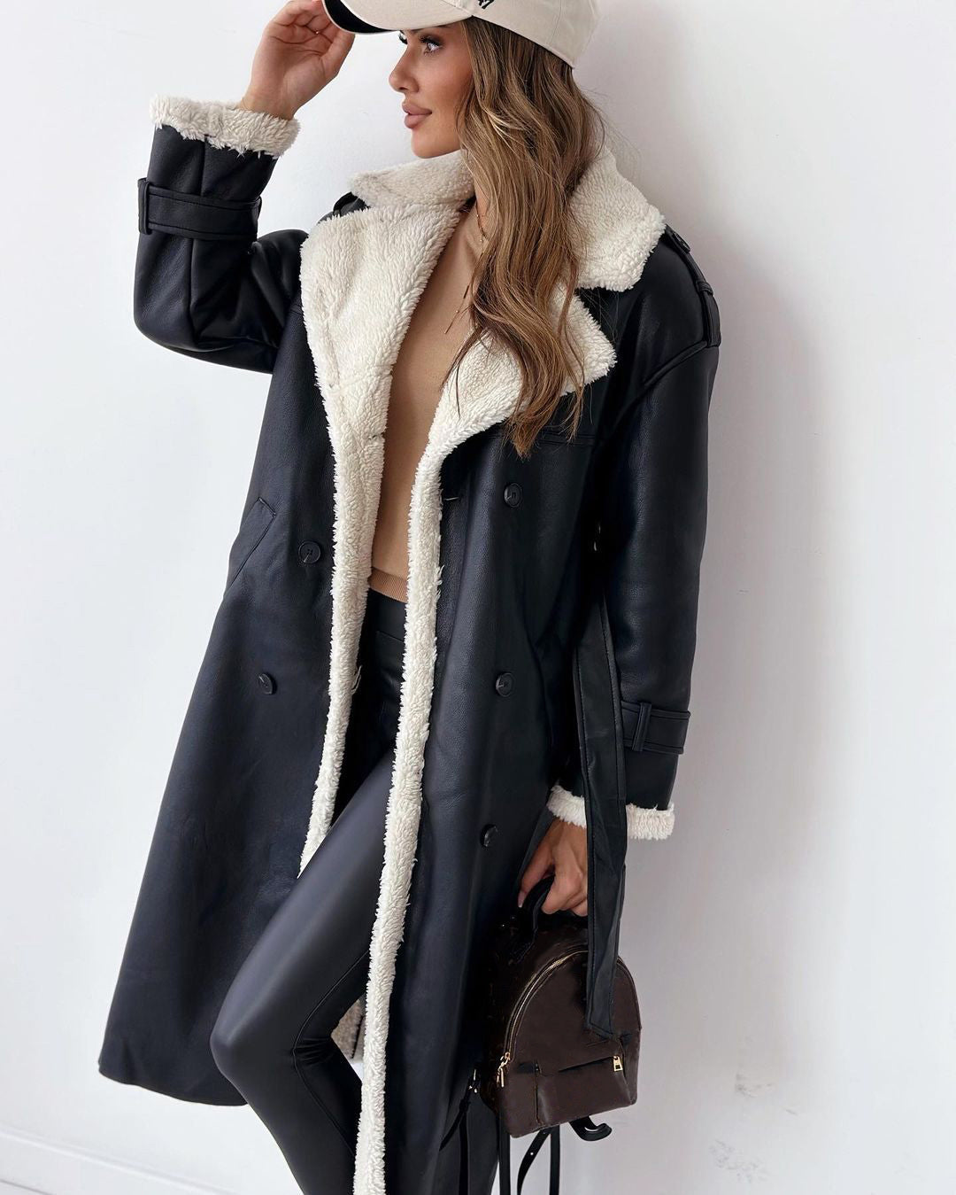 WW | Women's Long Coat – Oversized Fit – Leather Look – Plush Lined – Belt Closure