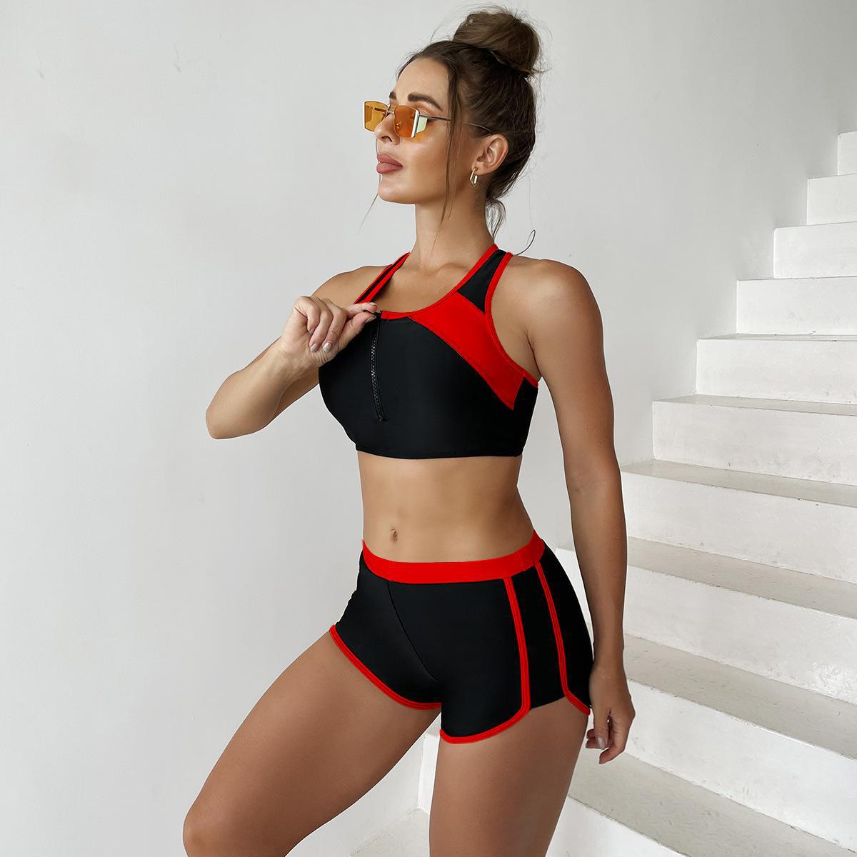 Damen Sport-Bikini-Set mit modischem Reißverschluss und kurzen Hosen WW
