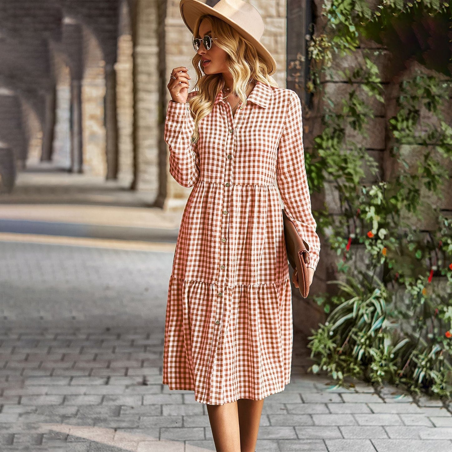 Damen karierte Midi-Bluse mit Knopfleiste und ausgestelltem Rock WW