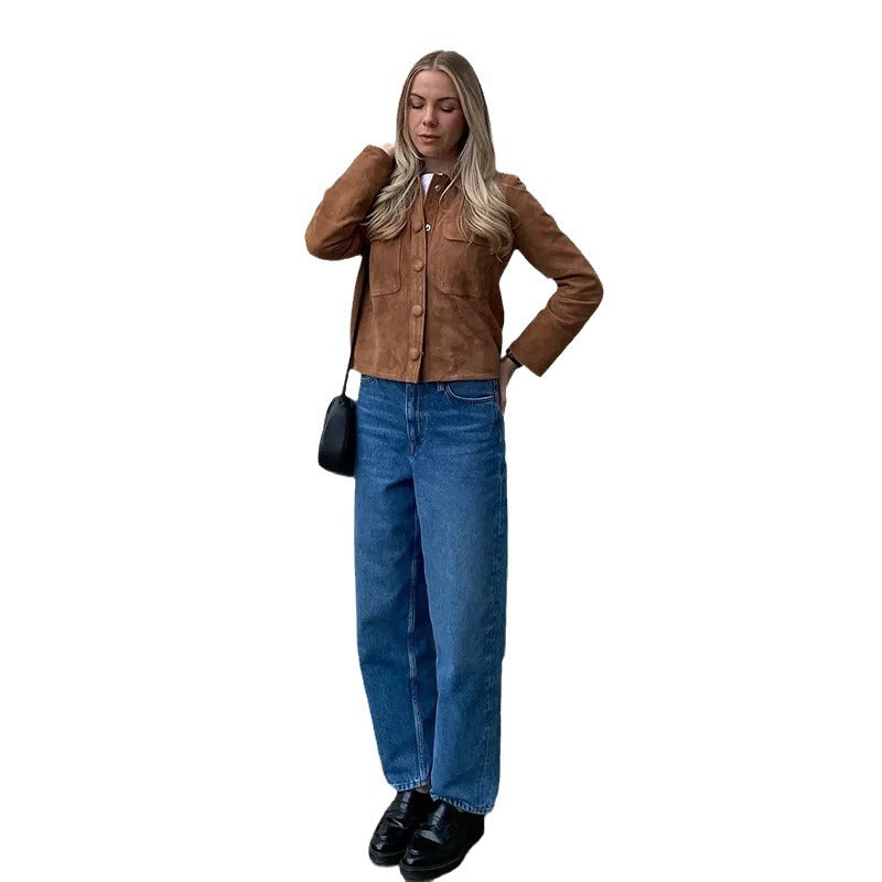 Ladies' classic suede jacket with patch pockets and sporty cut W&W