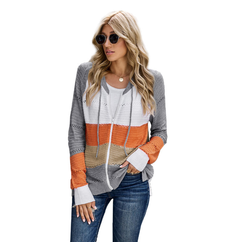 Women's Casual Knitted Cardigan with Hood and Decorative Openwork Pattern WW
