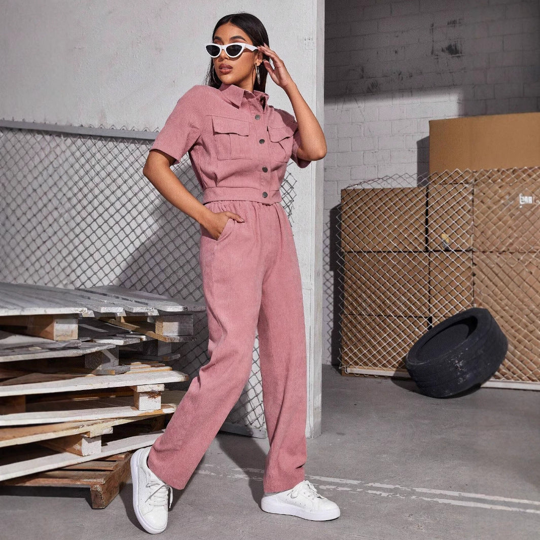 Women's corduroy pantsuit with classic collar and elastic waistband WW