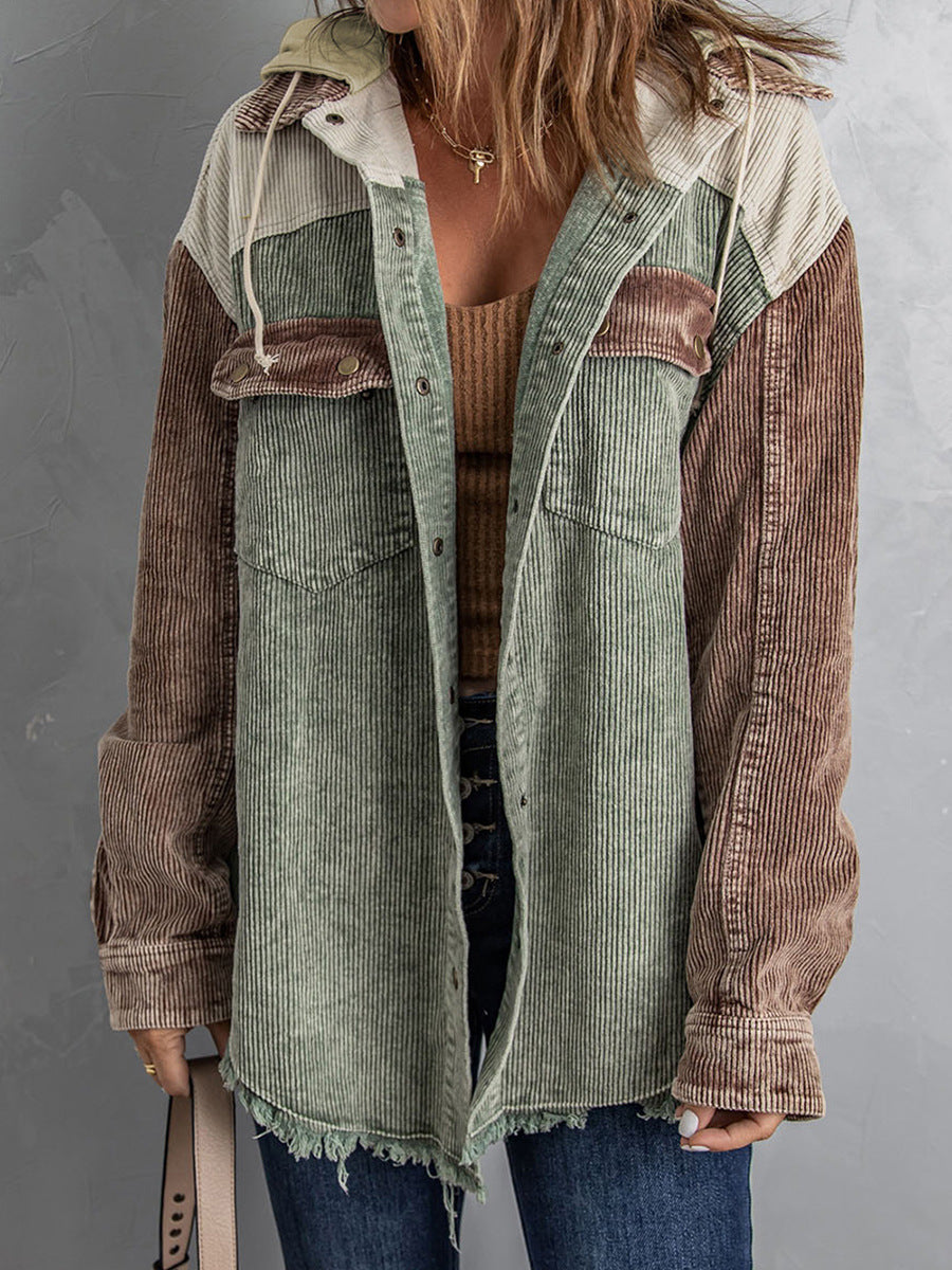 WW | Hooded jacket - Oversized fit - Cord texture - Button closure - Fringed hem