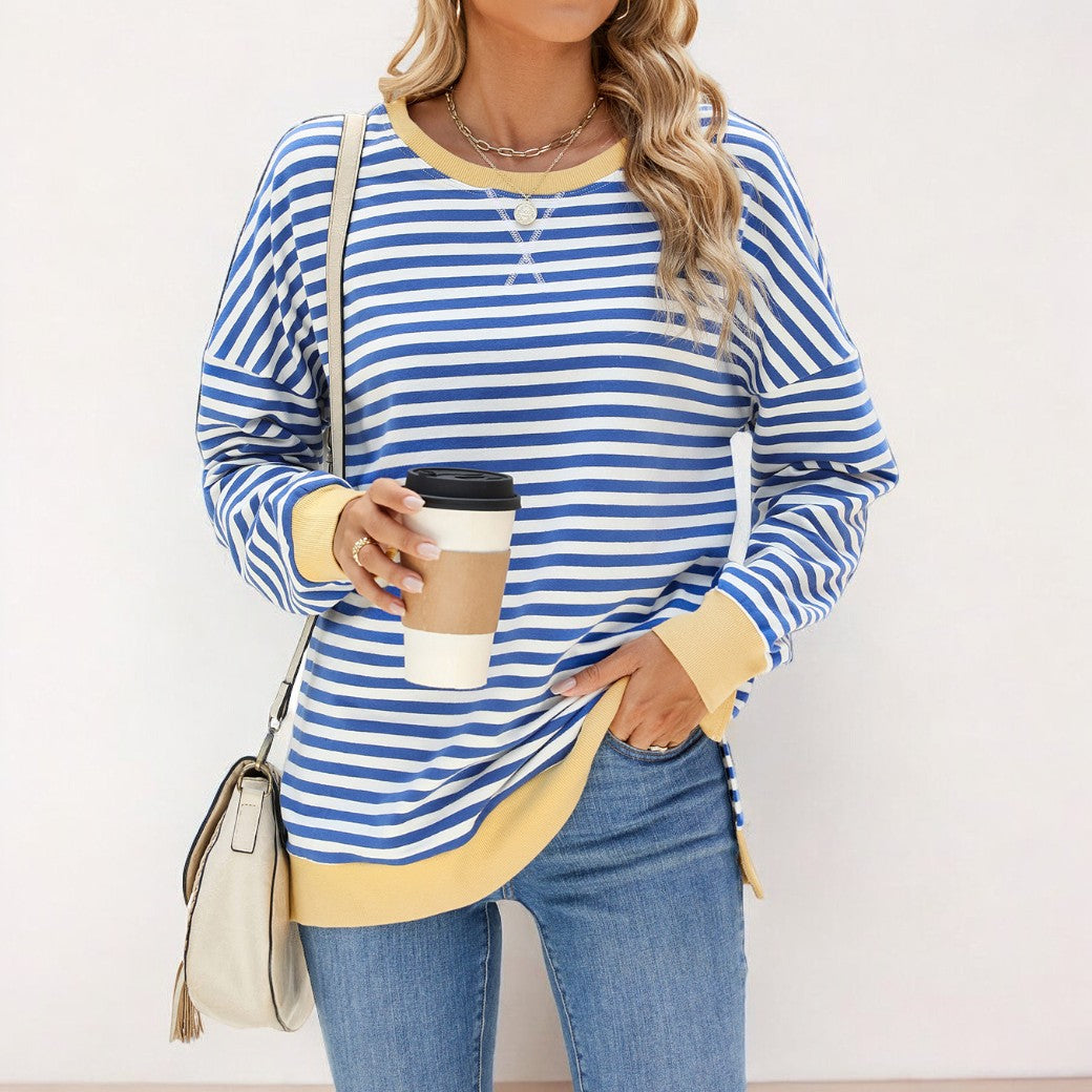 WW | Locker T-Shirt mit Streifen und langen Ärmeln Lässiger Pullover für Frauen