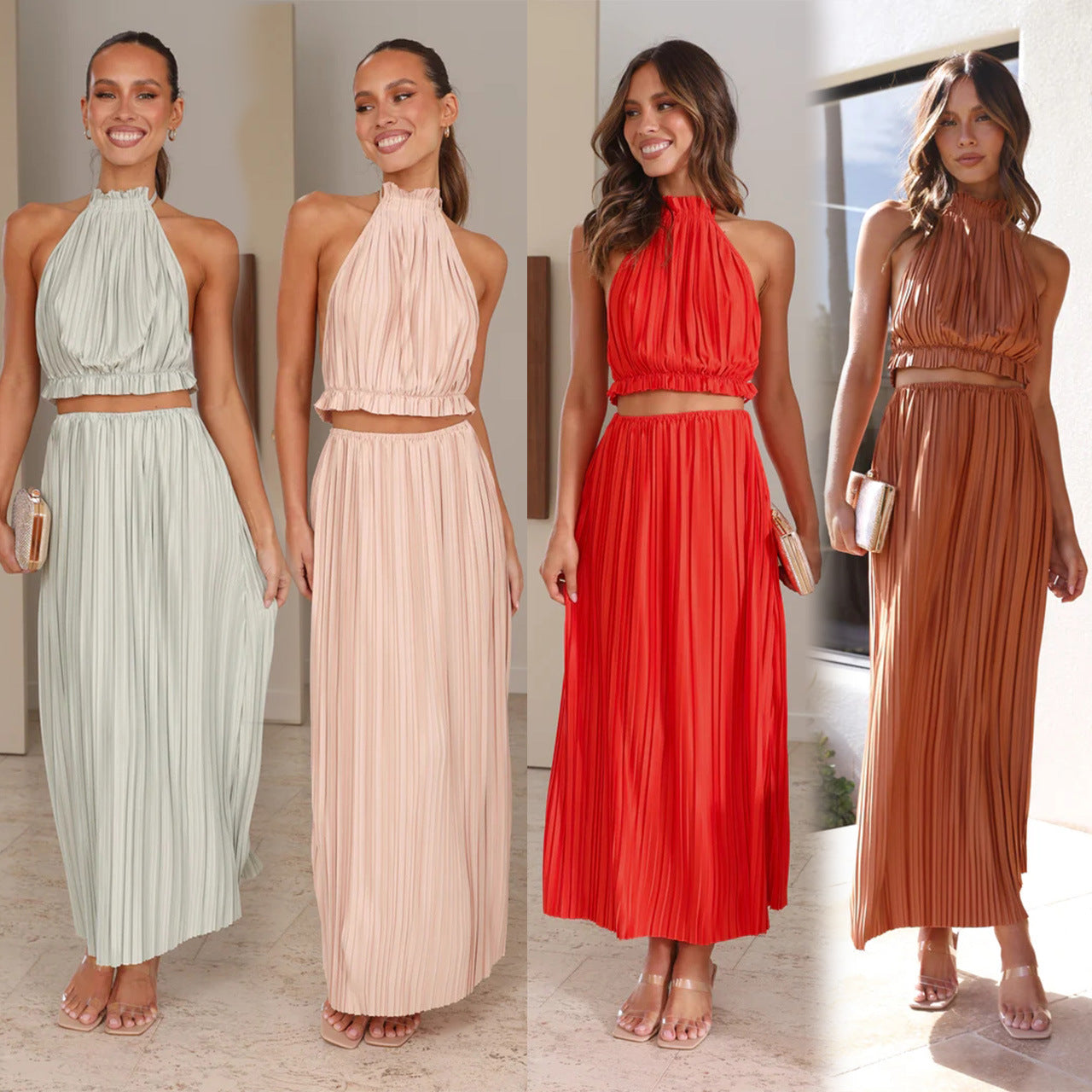 Damen Maxikleid mit raffiniertem Faltenwurf und elegantem Halterdesign WW