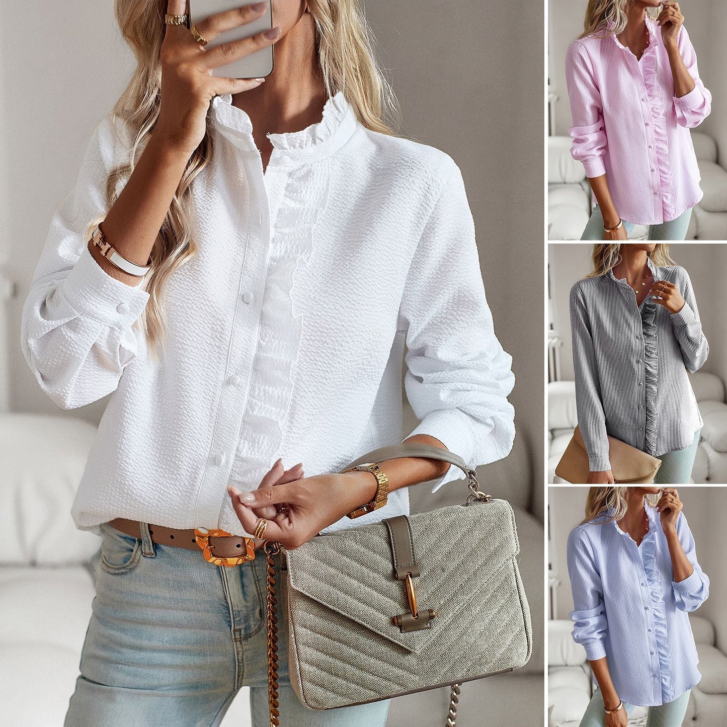 Ladies' Blouse with Ruffle Details and Stand-Up Collar WW