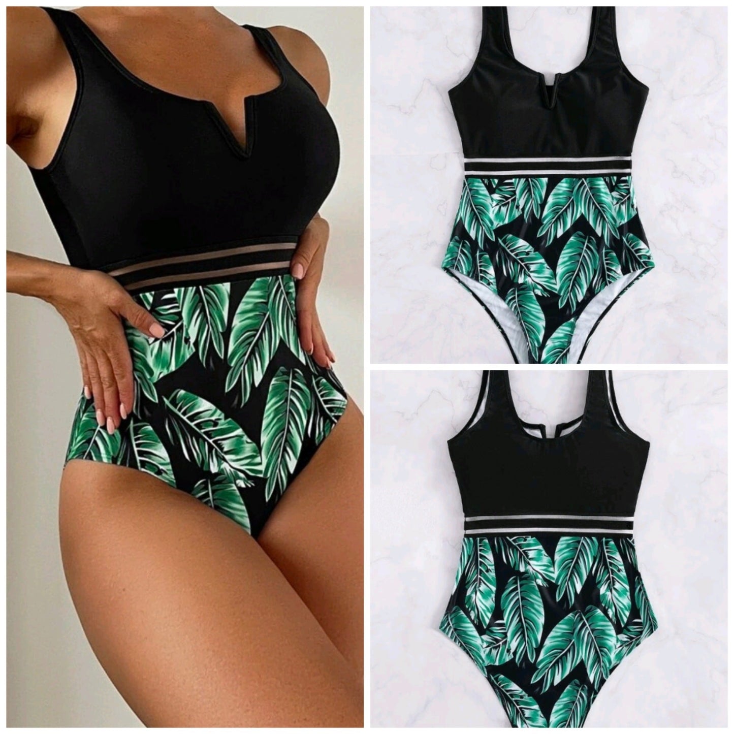 Damen Hochtaillierter Badeanzug mit V-Ausschnitt und modernem Blattmuster WW