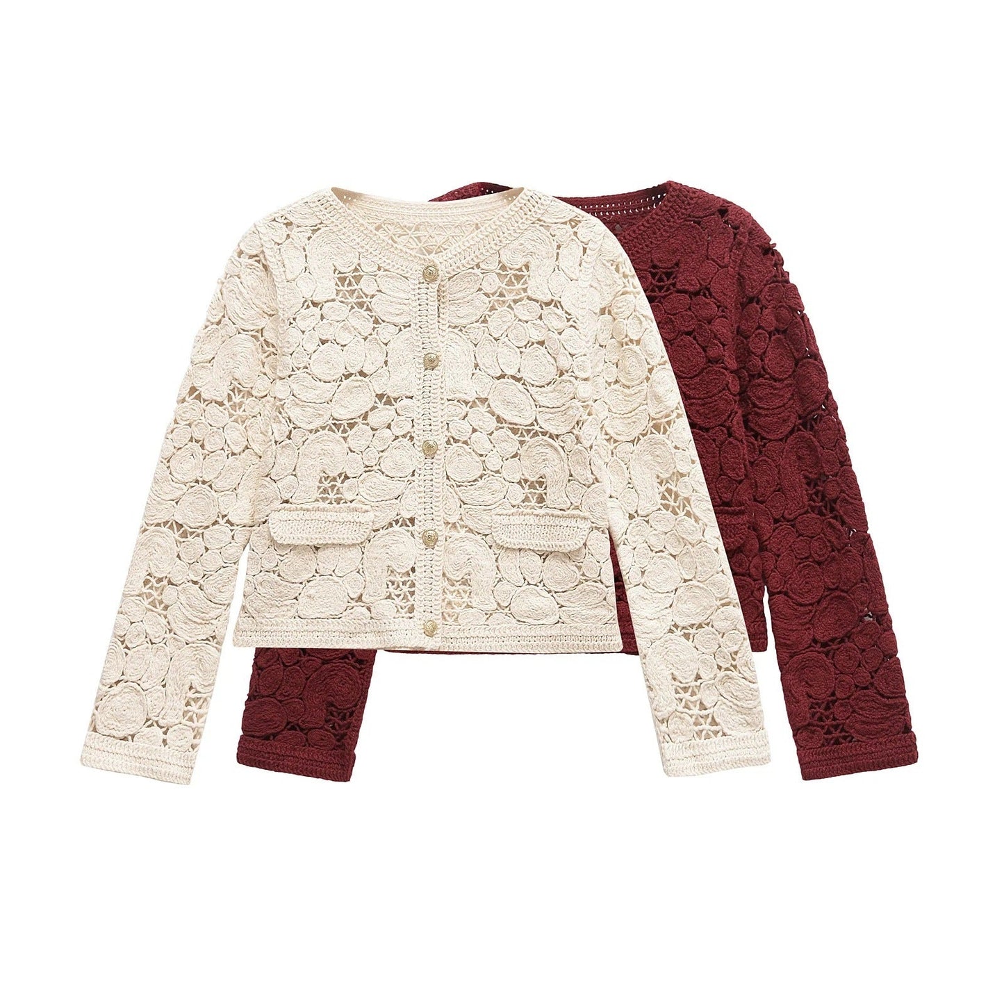 Women's fine lace cardigan with decorative button details and elegant silhouette