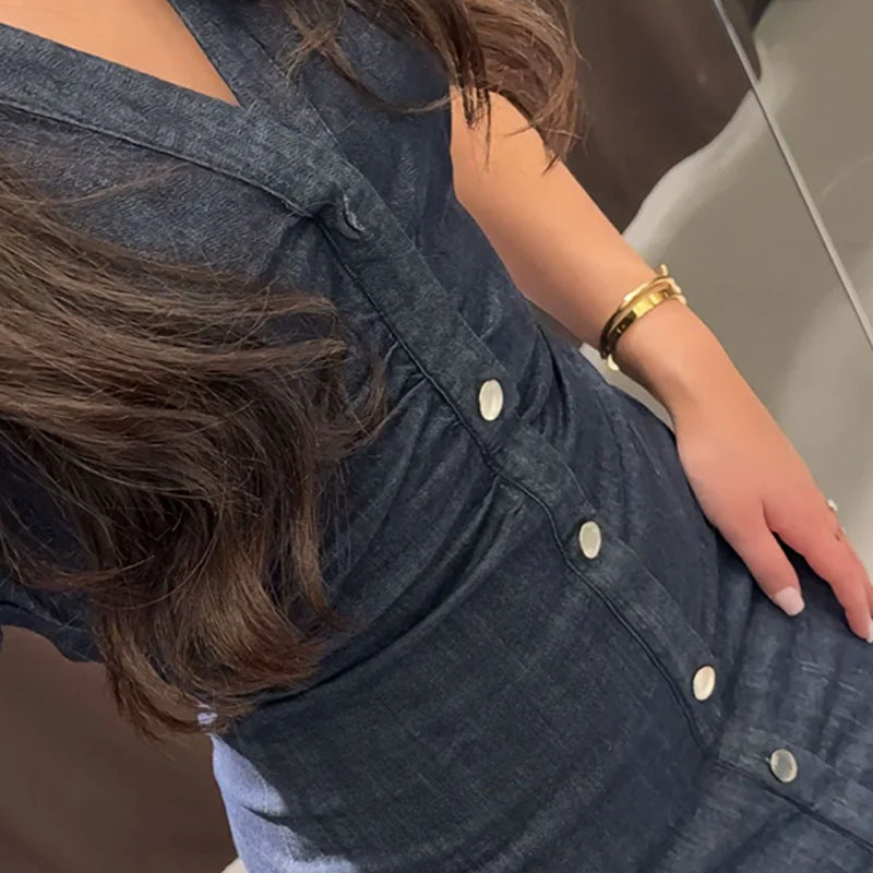 Damen Knielanges Denim Kleid mit elegantem Knopfdesign WW