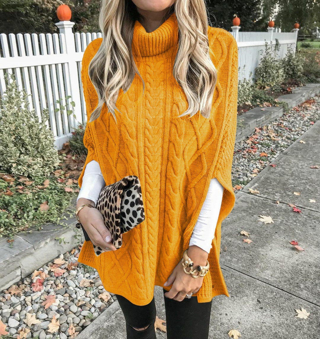 Women's chunky knit poncho with high collar and cable knit design WW