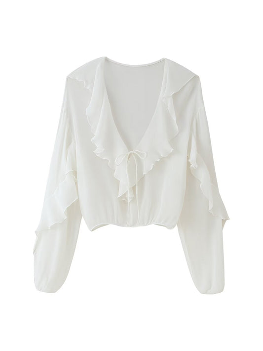 Damen Bluse mit romantischen Rüschen und tiefem V-Ausschnitt WW