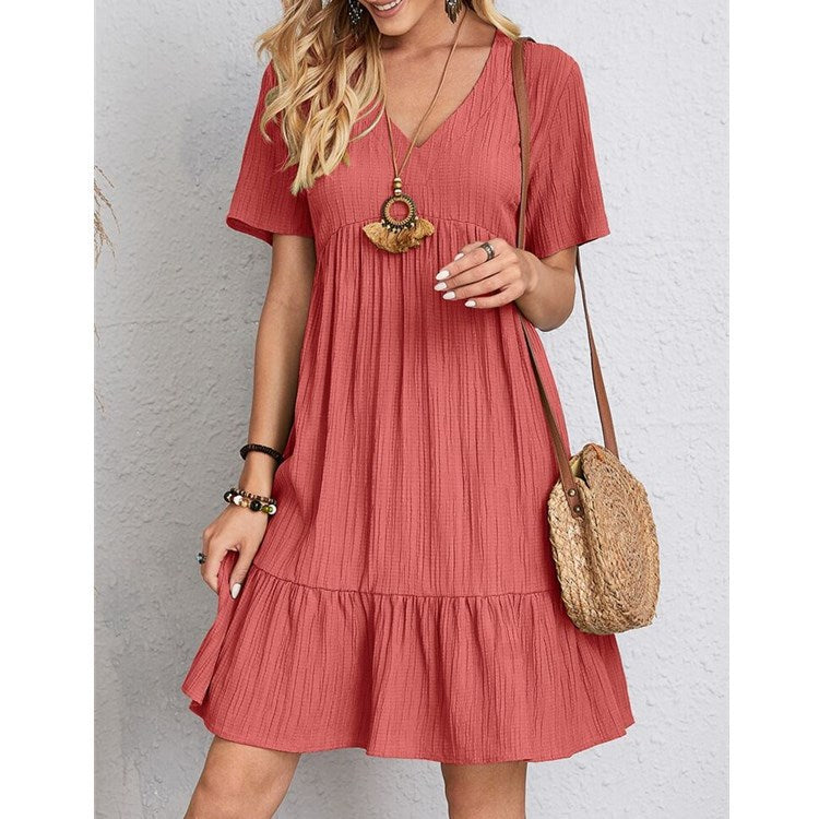 Damen lässiges Freizeitkleid mit voluminösem Saum und V-Ausschnitt WW