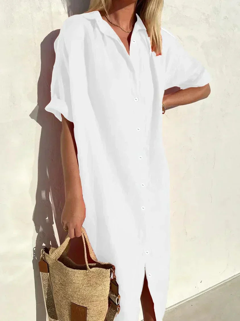 WW | Button-Up Dress with Wide Neckline and Slim Sleeves, Elegant and Loose, for Women Cotton and Linen Dresses