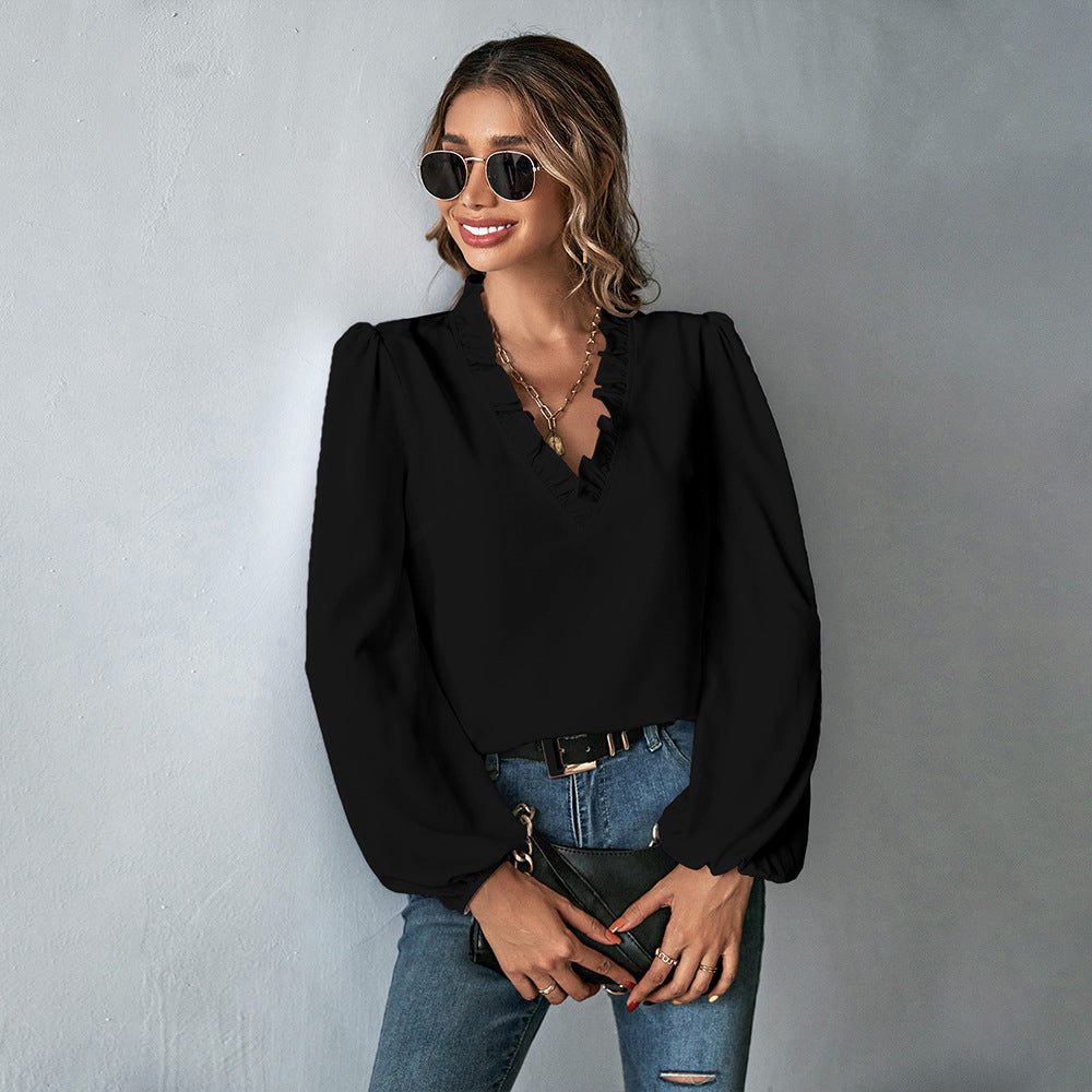 Women's Blouse with Voluminous Sleeves and Elegant Ruffle Decoration W&W