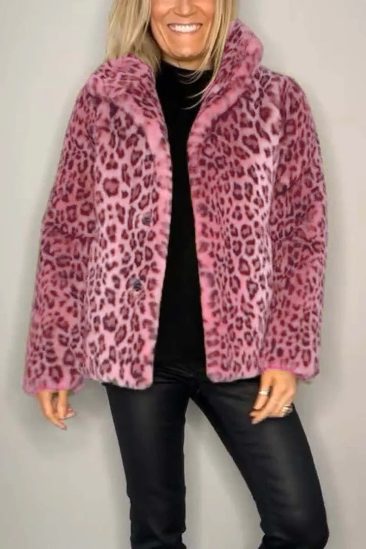 Damen Flauschige Leopardmuster Jacke mit hohem Kragen WW