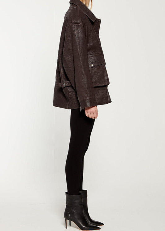 WW | Edge - Dunkelbraune Lederjacke mit Utility-Taschen