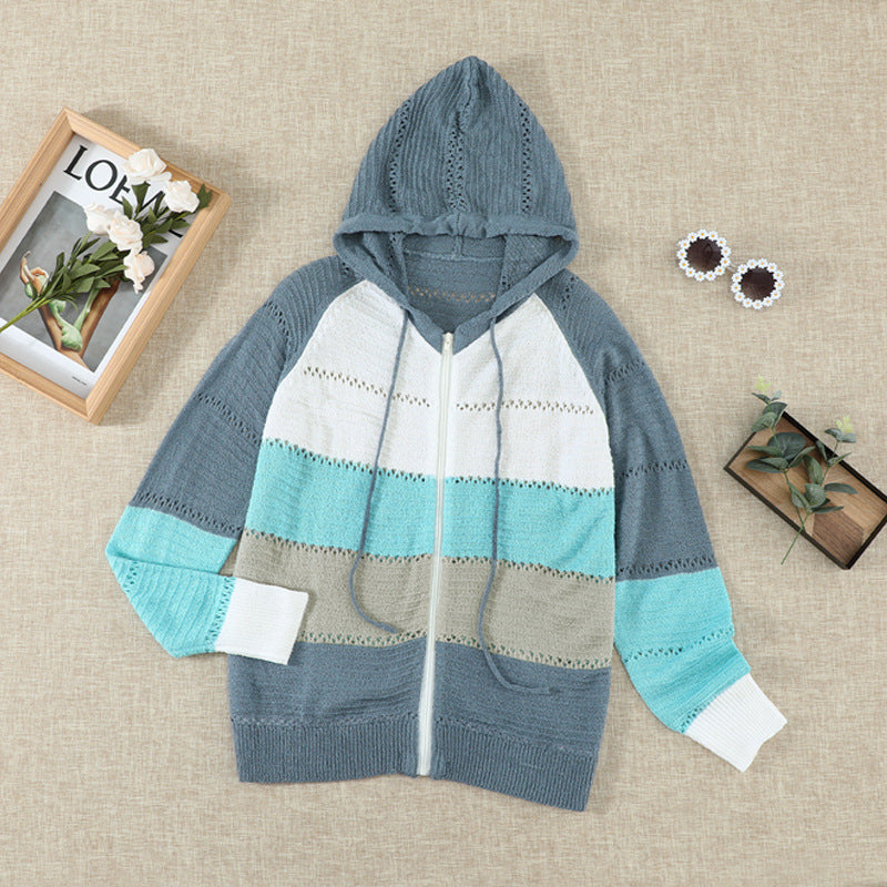 Women's Casual Knitted Cardigan with Hood and Decorative Openwork Pattern WW