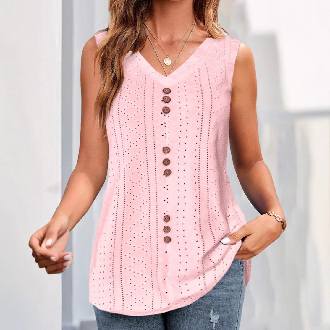 Damen ärmelloses Blusenshirt mit filigranem Lochmuster und Knopfleiste WW