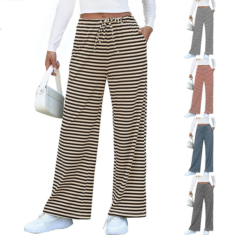 Damen weite Streifenhose mit elastischem Bund und Kordelzug WW