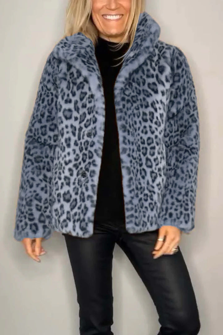 Damen Flauschige Leopardmuster Jacke mit hohem Kragen WW