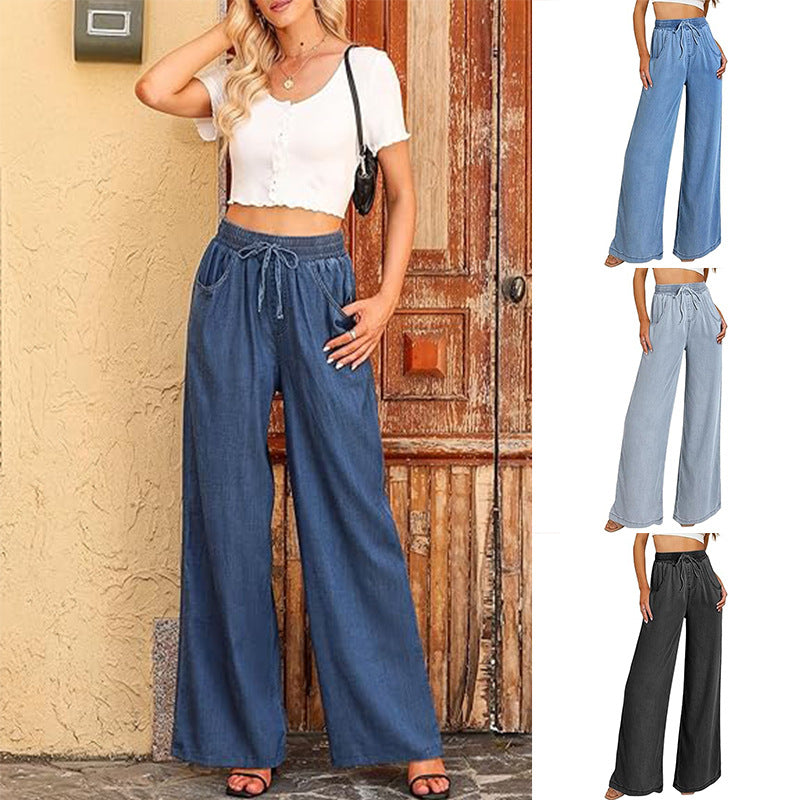 Damen weite Jeanshose mit elastischem Bund und seitlichen Taschen WW