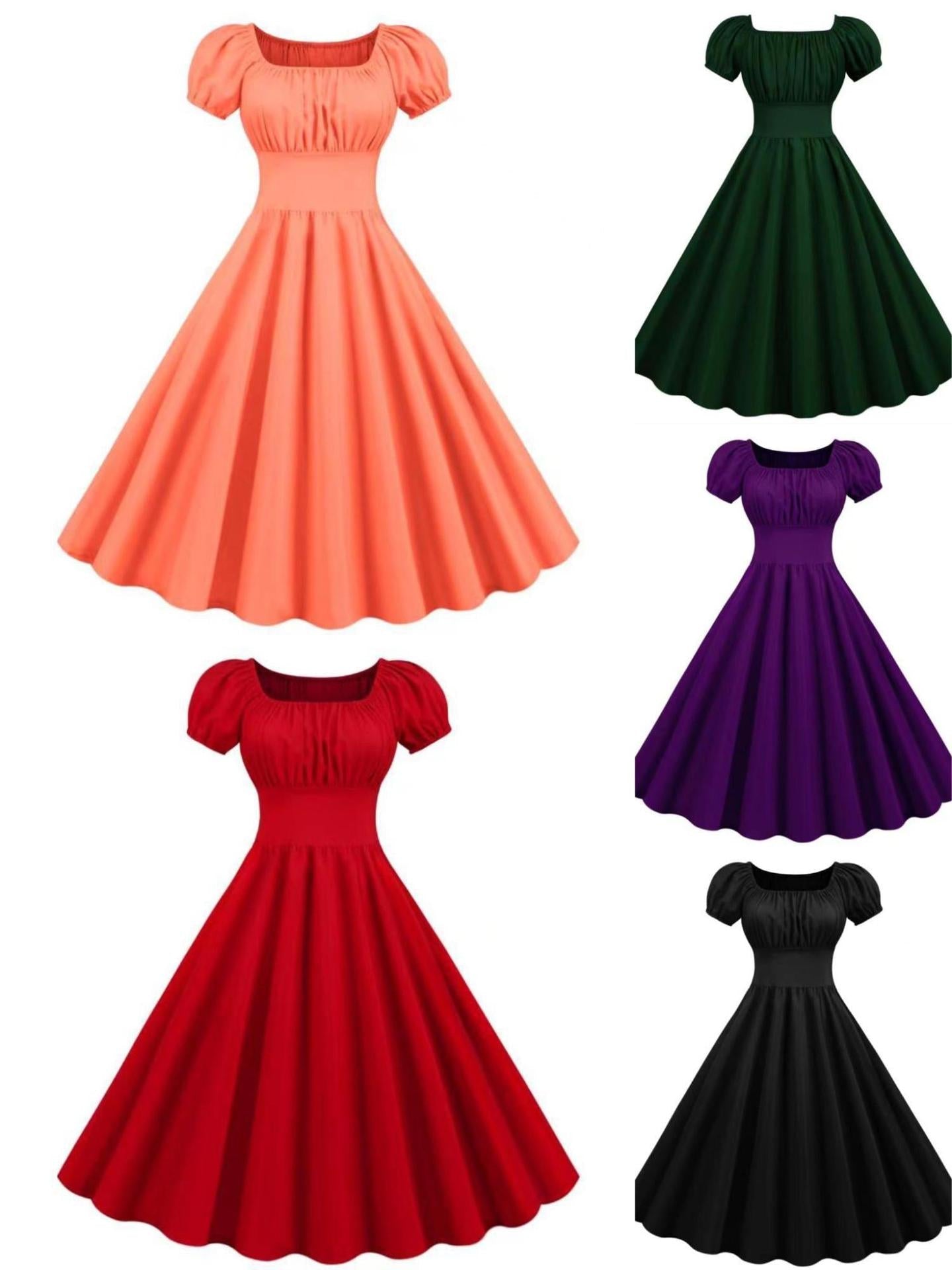 Damen Vintage Kleid mit Puffärmeln und schwingendem Rock WW