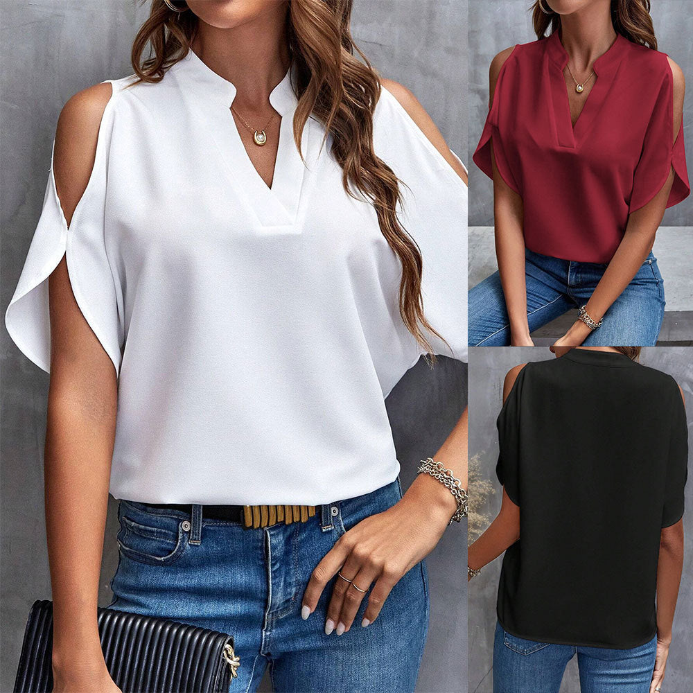Damen Kurzarmbluse mit elegantem V-Ausschnitt und luftigen Schmetterlingsärmeln W&W