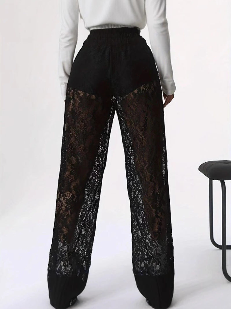 Damen elegante Spitzenhose mit weitem Schnitt und elastischem Bund WW