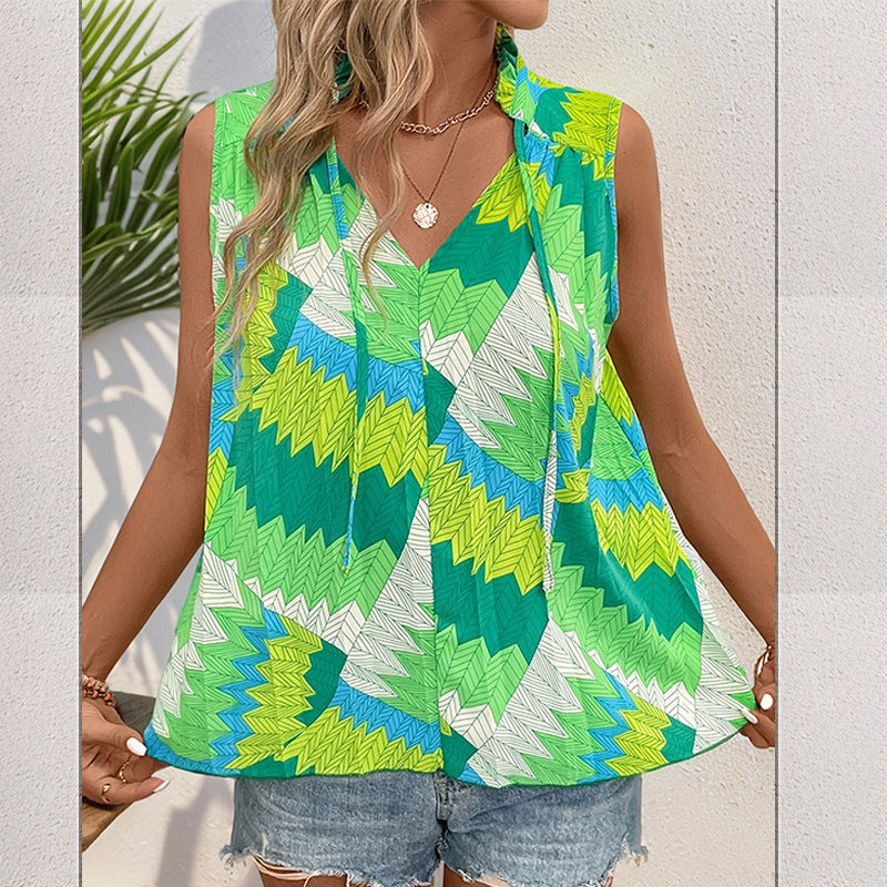 Damen ärmelloses Blusenshirt mit modernem Knotendesign und lebhaftem Muster WW